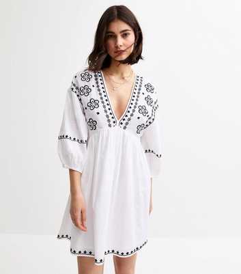 White Floral Embroidered Smock Mini Dress