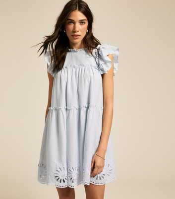 Light Blue Floral Embroidered Frill Trim Mini Dress
