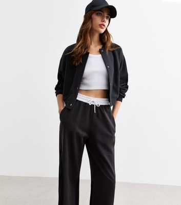 Black Wide Leg Contrast Waist Jersey Joggers