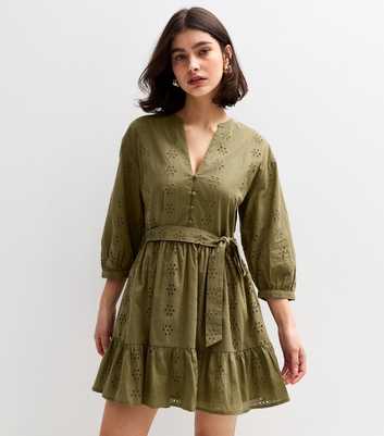 Khaki Broderie Angalise Mini Dress