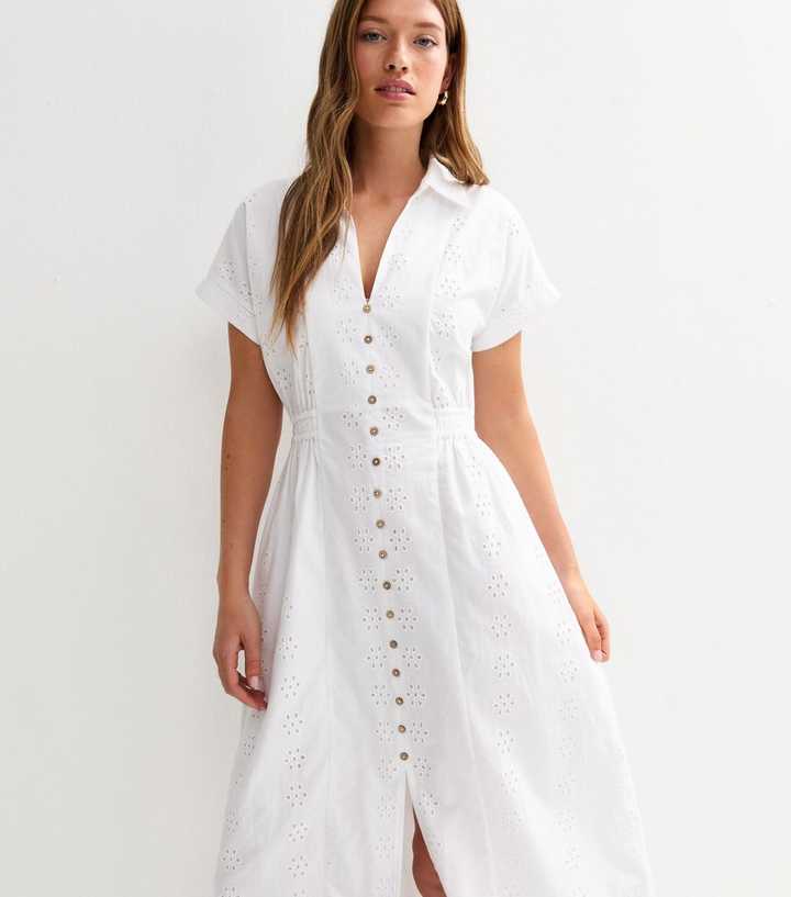 White Broderie Anglaise V-Neck Midi Shirt Dress
