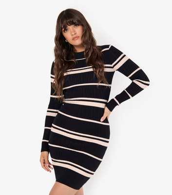 Apricot Black Striped Ribbed Mini Dress