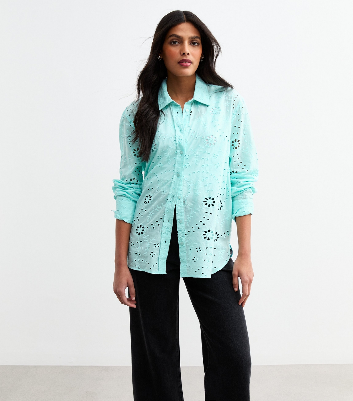 Women's Light Green Broderie Anglaise Long Sleeve Shirt New Look