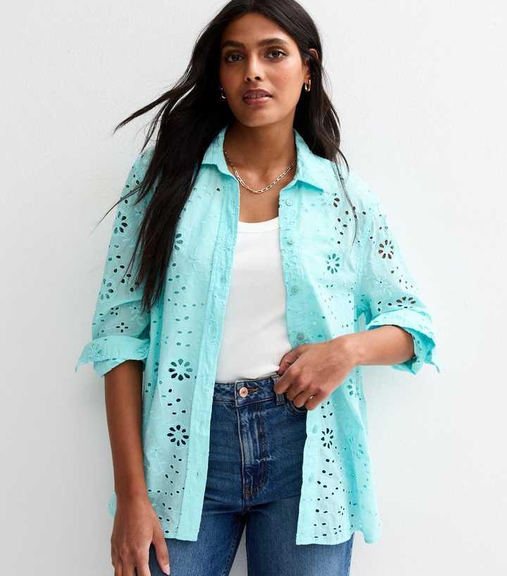 Turquoise Broderie Anglaise Long Sleeve Shirt