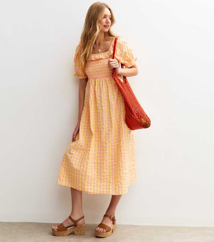Pink Textured Gingham Smock Puff Sleeve Midi Dress