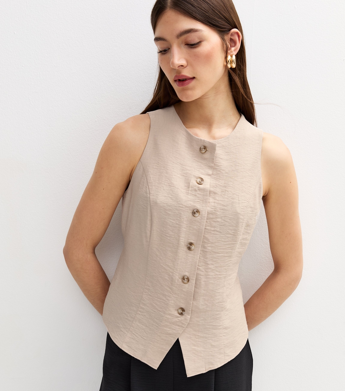 Women's Stone Sleeveless Crew Neck Waistcoat New Look