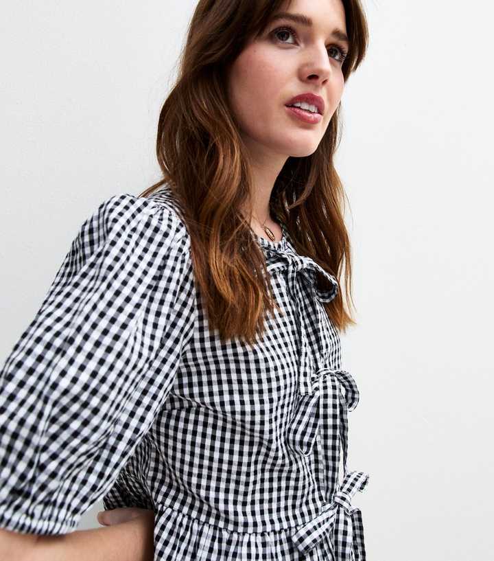 Black Gingham Tie Front Short Sleeve Shirt