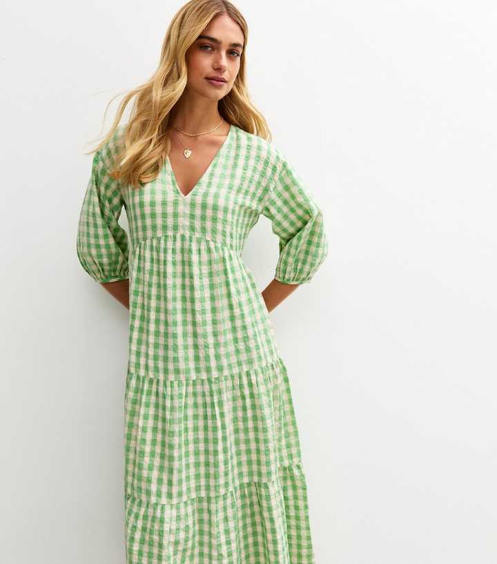 Green Gingham Check Smock Midi Dress