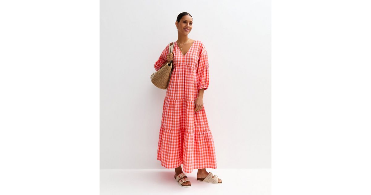 Peony Wide Open Collared Gingham Check Midi Dress
