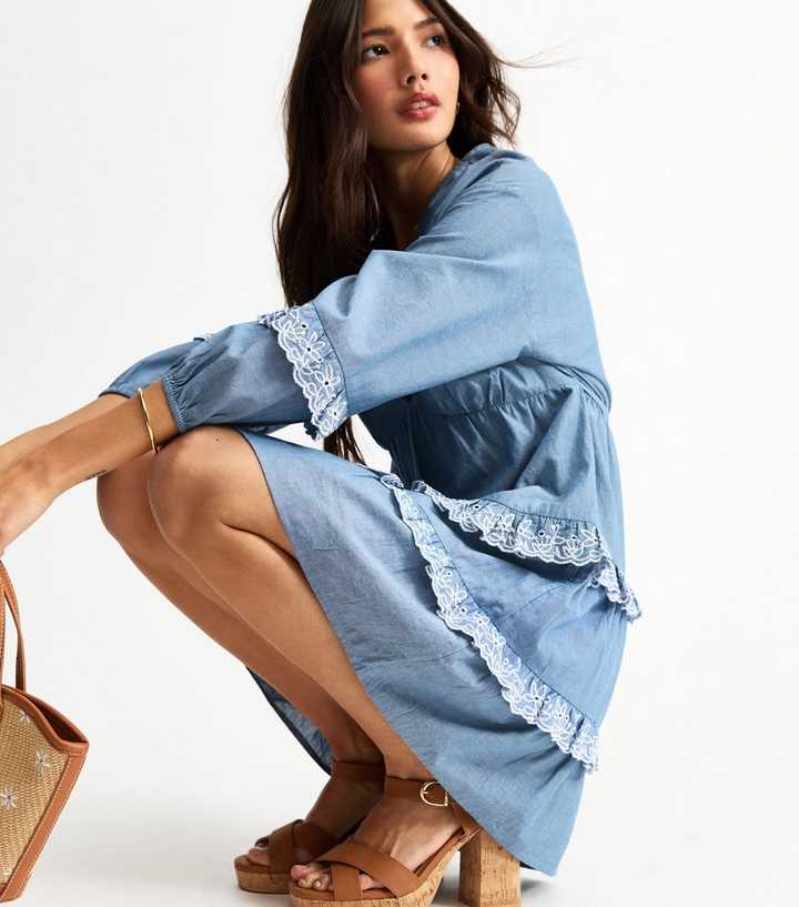 Blue Ruffle Trimmed Chambray Mini Dress