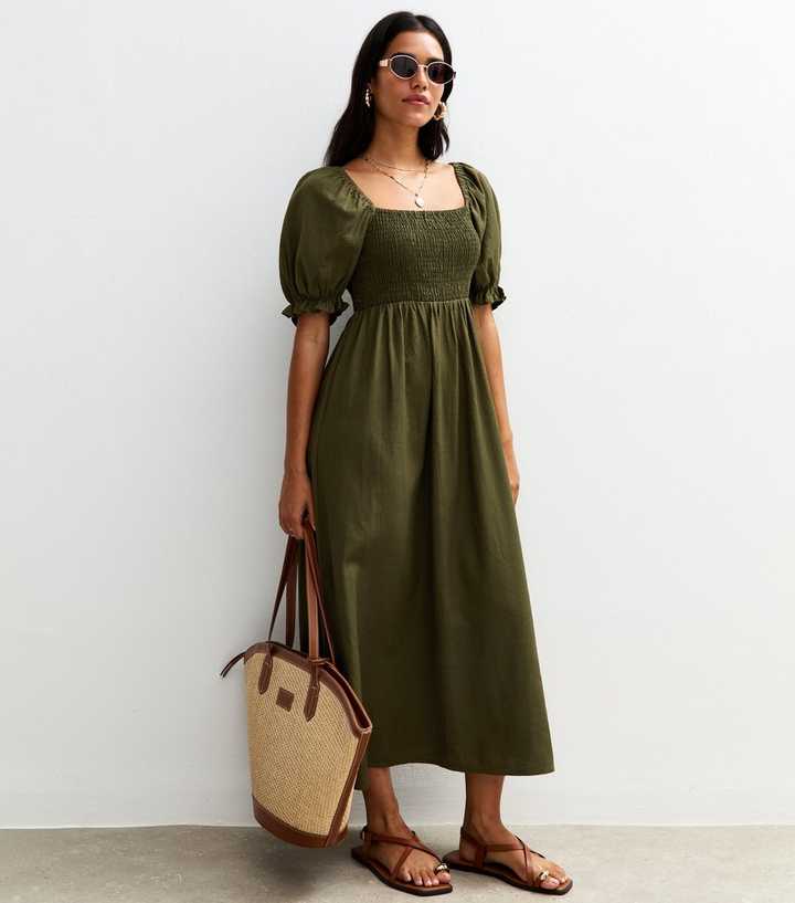 Light Khaki Puff Sleeve Midi Dress | New Look