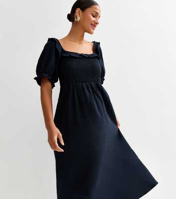 Navy Puff Sleeve Midi Dress