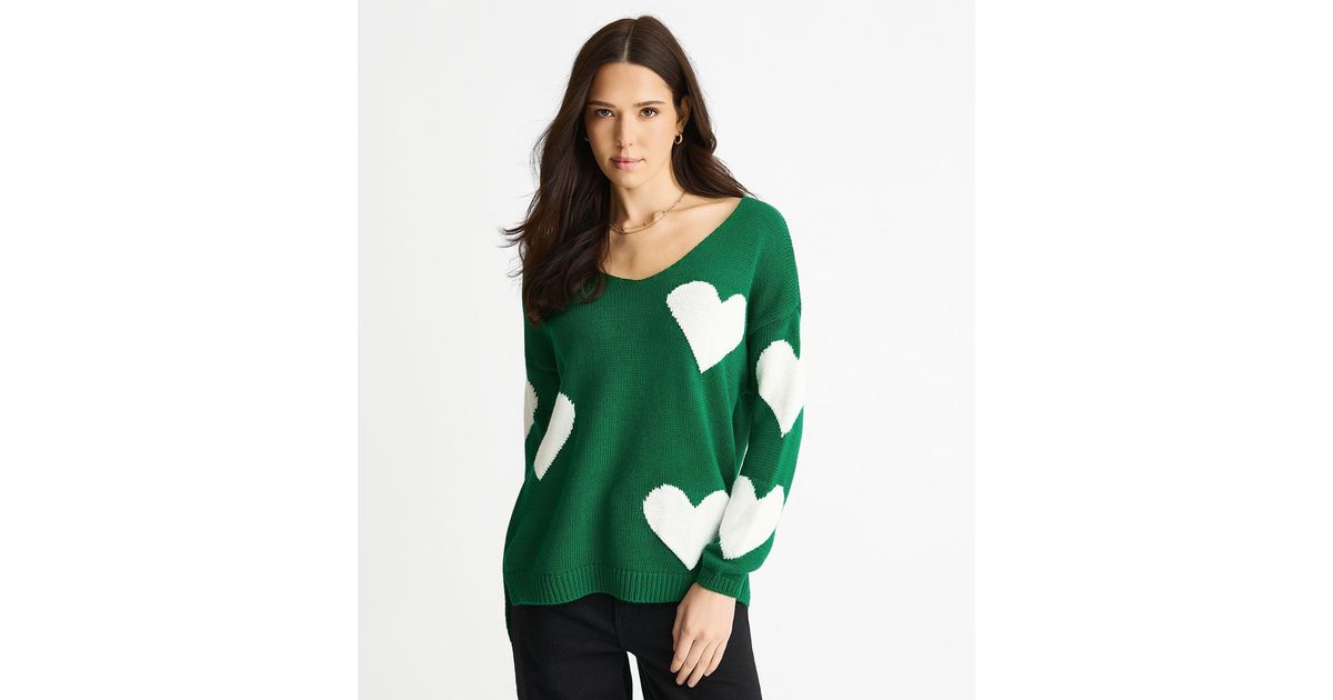 Gini London Green Heart V Neck Jumper New Look