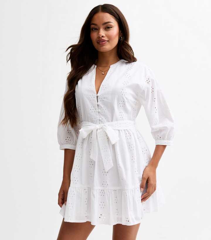 Petite White Broderie Anglaise Tiered Hem Mini Dress