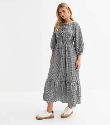 Petite Black Checked Tie Neck Midi Dress