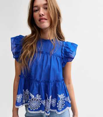 Bright Blue Floral Embroidered Frilly Trim Top