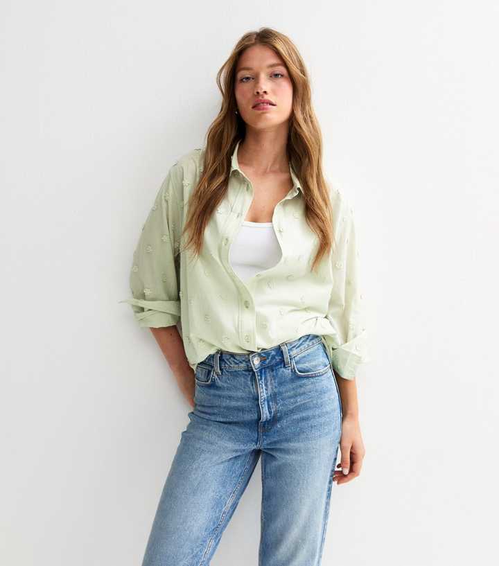 Light Green Daisy Embroidered Cotton Shirt