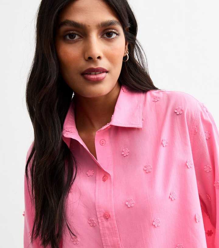 Light Pink Daisy Embroidered Cotton Shirt