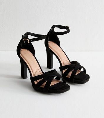 Black Crossover Front Strap Faux Suede Platform Sandals | New Look