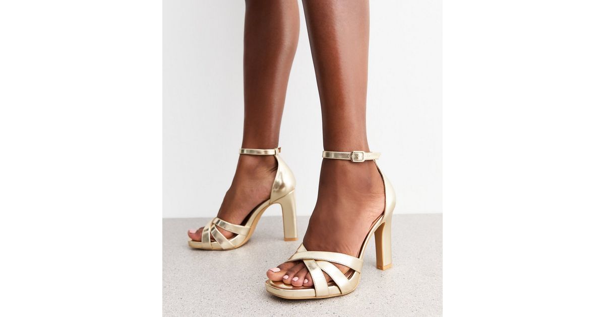 Gold Crossover Front Strap Faux Leather Platform Sandals New Look