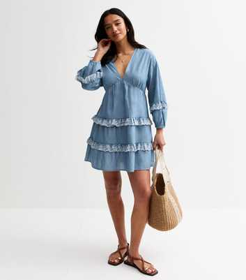 Petite Blue Embroidered Trim Chambray Mini Dress