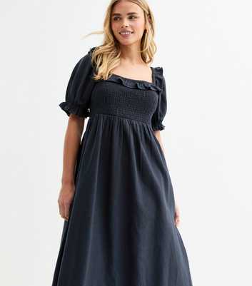 Petite Navy Puff Sleeve Midi Dress