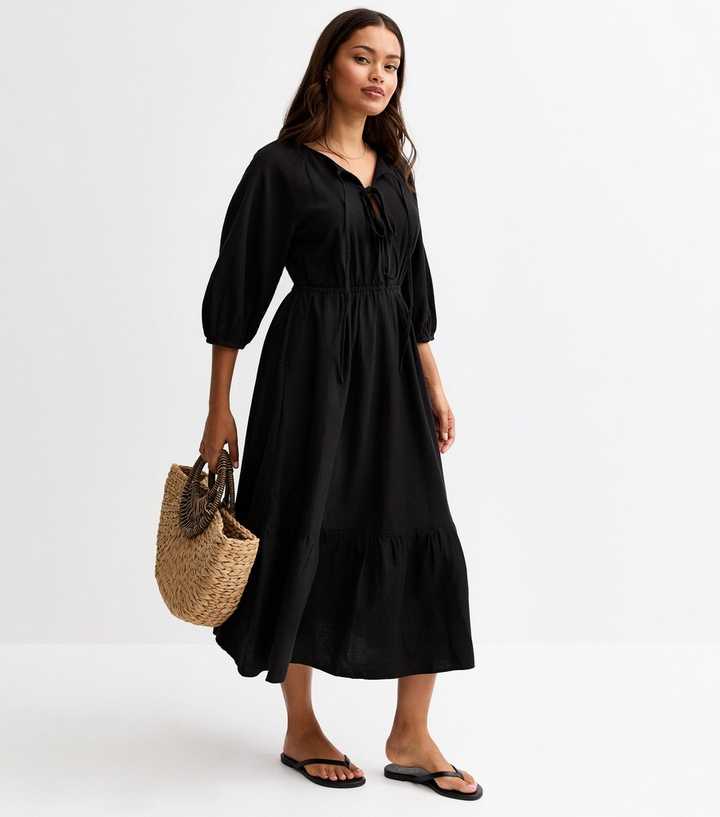 Petite Black Long Sleeve Tie Front Tiered Smock Midi Dress | New Look Petite Black Long Sleeve Tie Front Tiered Smock Midi Dress | New Look
