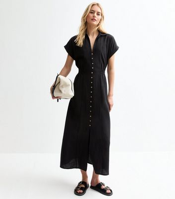 sachin and babi light blue dress Tall Black V-Neck Shirred Waist Midi Shirt Dress