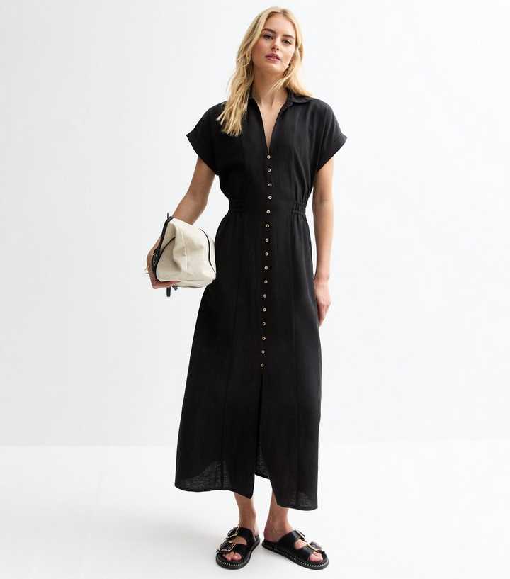 Tall Black V-Neck Shirred Waist Midi Shirt Dress