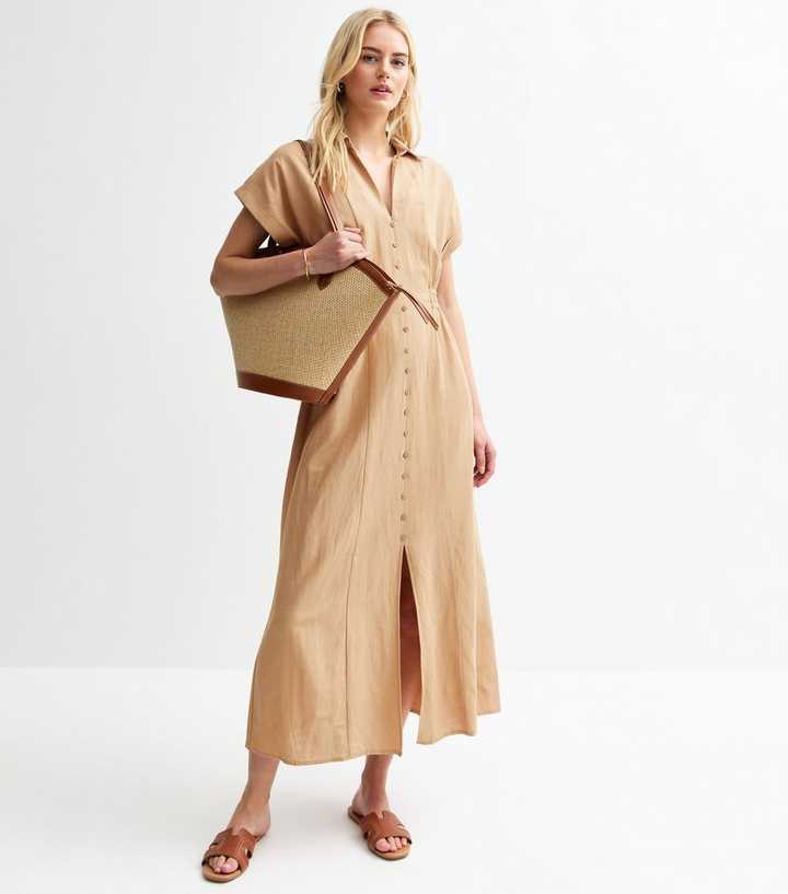 Tall Stone V-Neck Shirred Waist Midi Shirt Dress