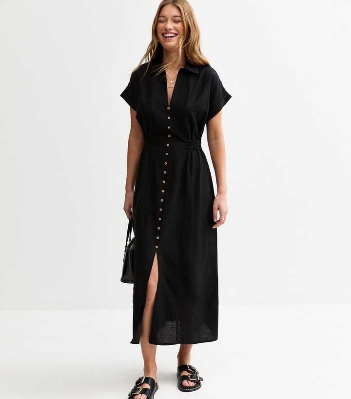 Black Linen-Look Shirred Waist Midi Shirt Dress
