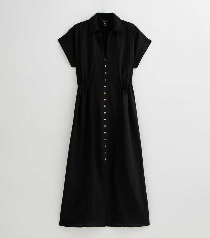 new look shirt dress Camel Linen-Look Shirred Waist Midi Shirt Dress