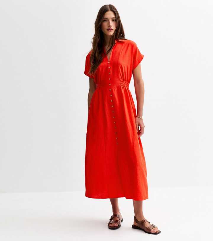 Orange Linen-Look Shirred Waist Midi Shirt Dress