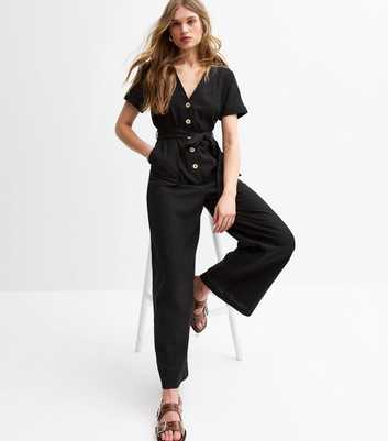 Black V-Neck Button Front Jumpsuit