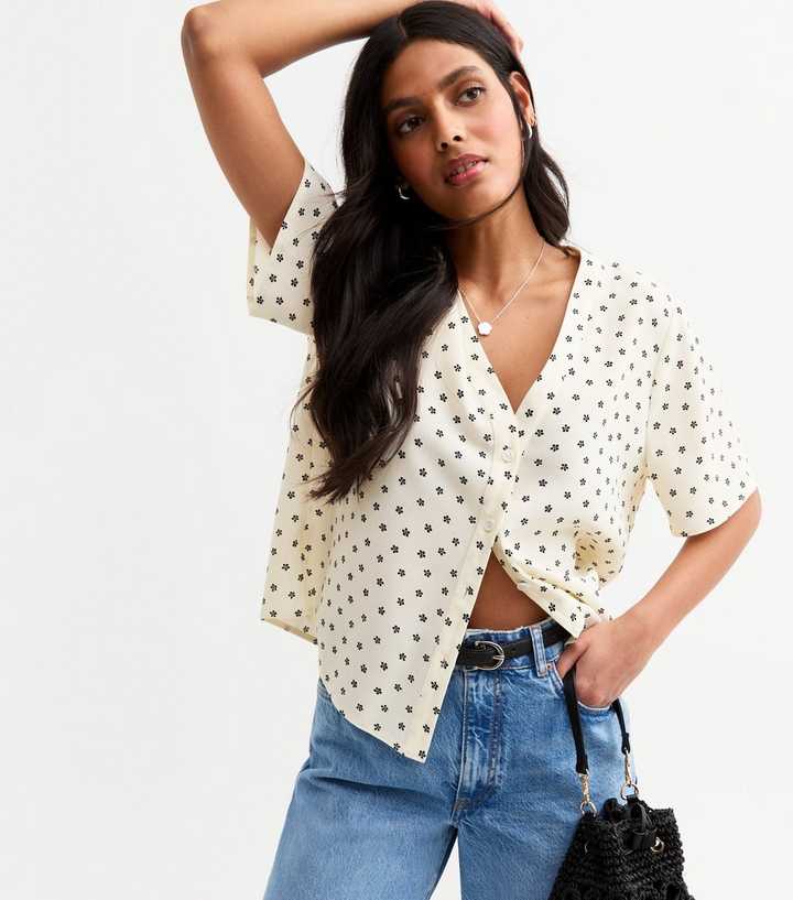 Off White Daisy Print Button Up Top