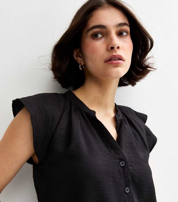 Black Flutter Sleeve Button Up Top