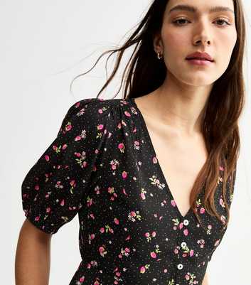 Black Floral Print V-Neck Blouse