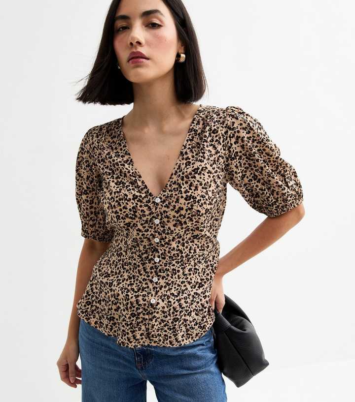 Brown Leopard Print V-Neck Top