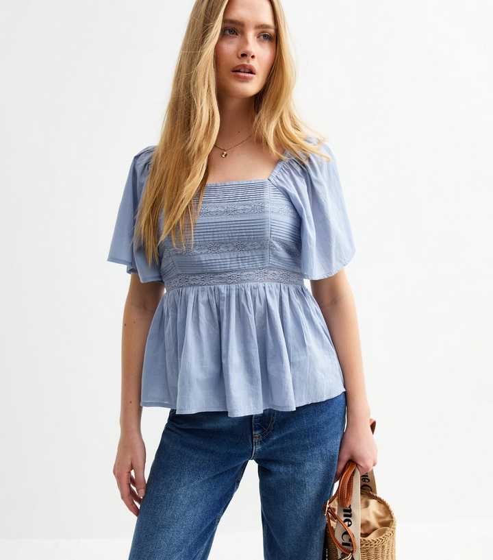 Blue Lace Pleated Bodice Milkmaid Top