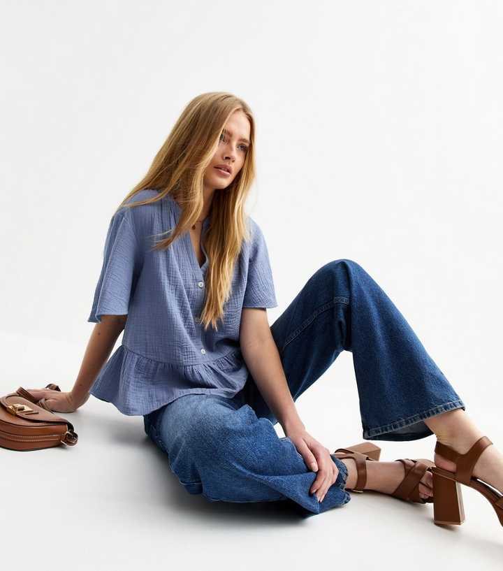 Blue Textured Peplum Hem Blouse