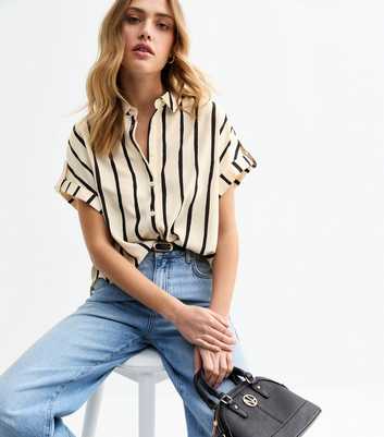 Cream Striped Short Sleeve Shirt