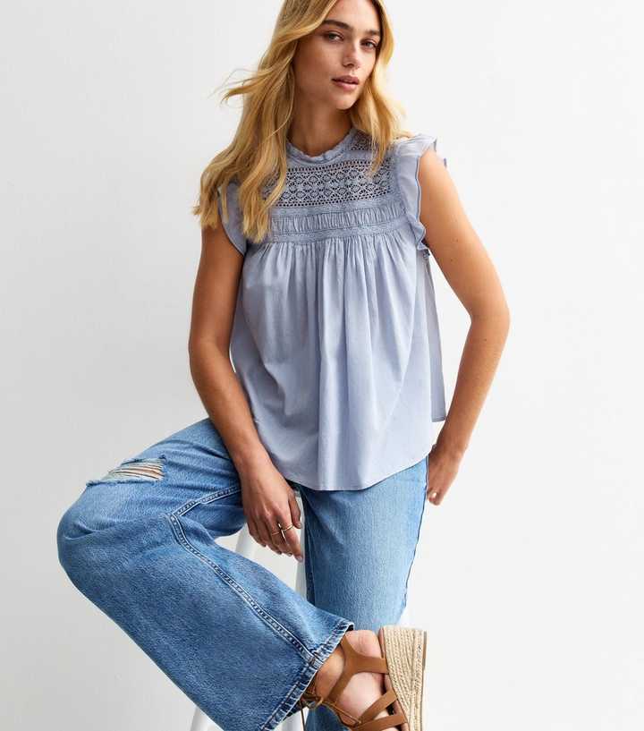 Blue Lace Panelled Sleeveless Top