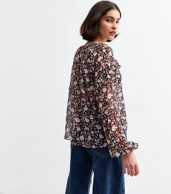 Pink Floral Print Frilly Trim Chiffon Blouse | New Look