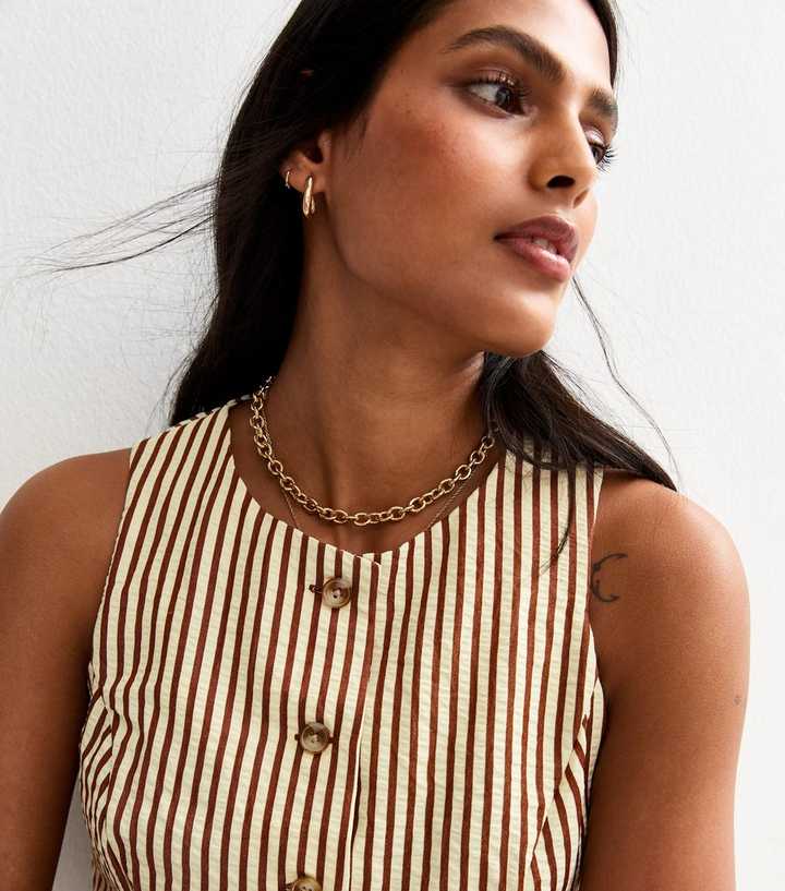 Brown Striped Crew Neck Waistcoat
