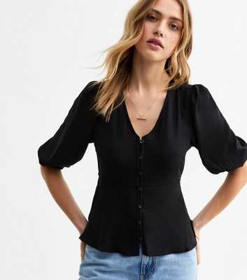 Black V-Neck Button Front Top