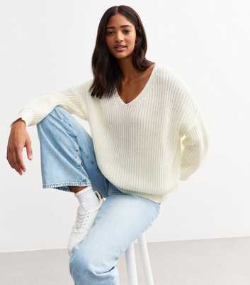 Gini London Cream V Neck Chunky Knit Jumper