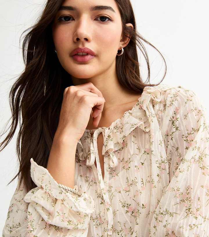Off White Floral Print Ruffled Blouse