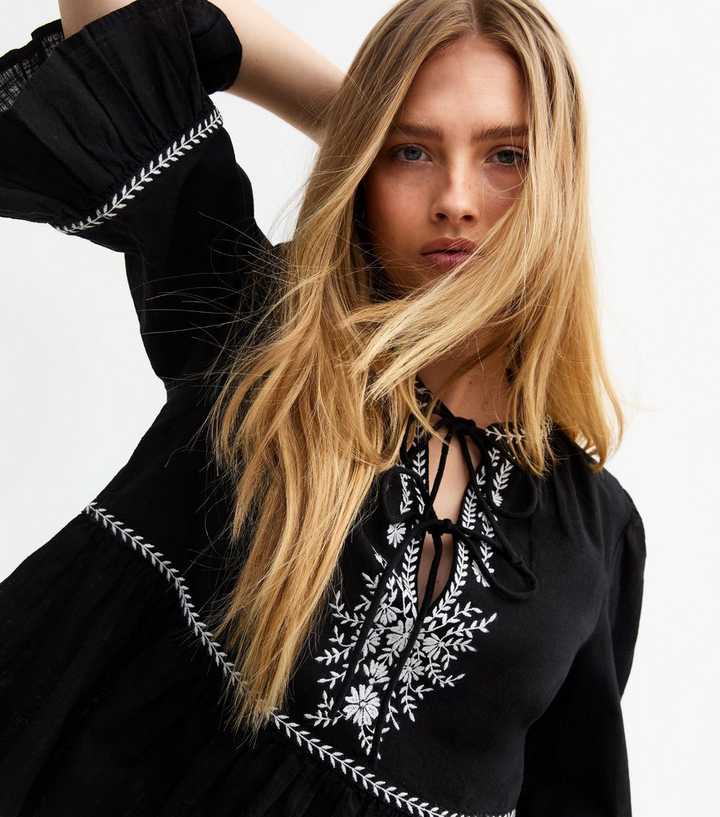 Black Floral Embroidered Tie Front Smock Top