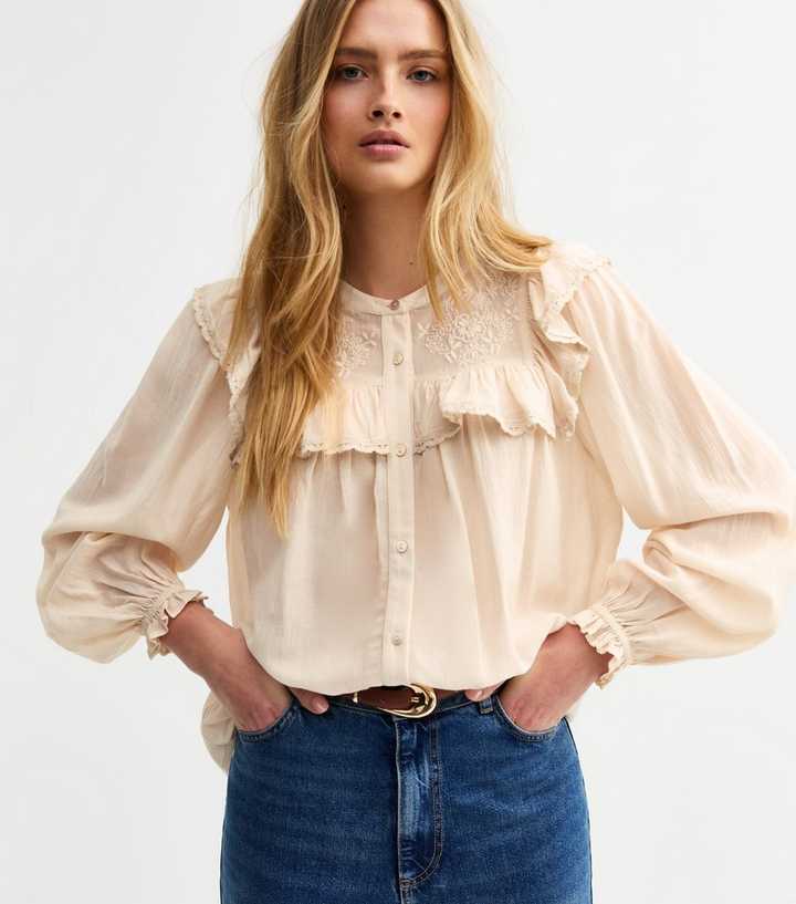 Cream Floral Embroidered Frill Trim Blouse