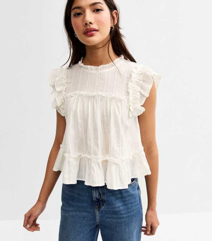 White Ruffle Trimmed High Neck Top